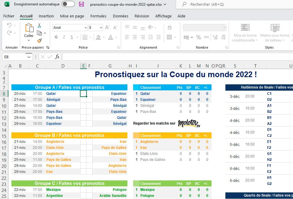 Simulateur Excel Coupe du monde 2022
